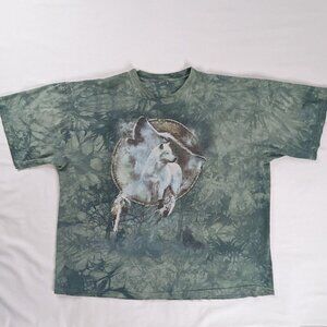 VTG Green Acid Wash Tie Dye Wolf Dream Catcher Graphic Tee Shirt